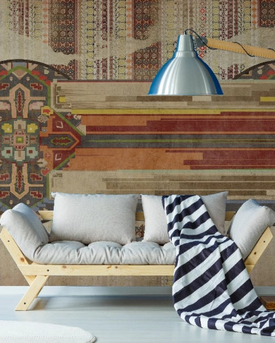 Tapet modern cu design abstract, cu un model geometric vibrant, in nuante de gri, rosu, galben si albastru