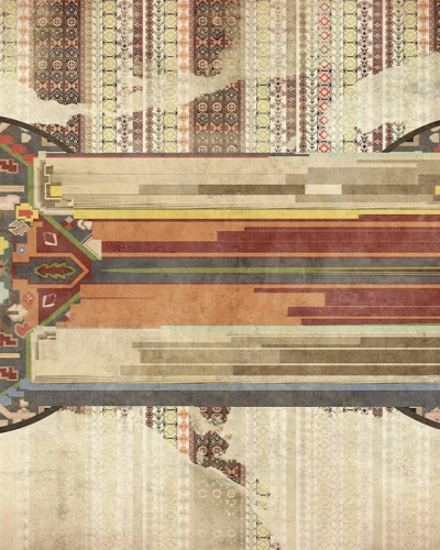 Tapet modern cu design abstract, cu un model geometric vibrant, in nuante de gri, rosu, galben si albastru