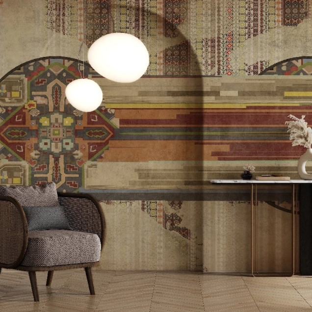 Tapet modern cu design abstract, cu un model geometric vibrant, in nuante de gri, rosu, galben si albastru