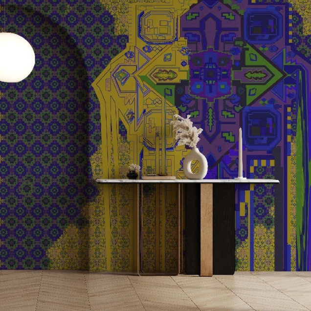 Fototapet personalizat cu design abstract și culori vibrante într-o cameră de zi modernă