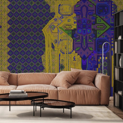 Fototapet personalizat cu design abstract și culori vibrante într-o cameră de zi modernă