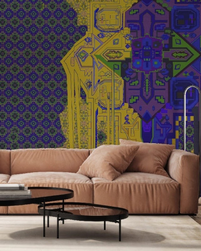 Fototapet personalizat cu design abstract și culori vibrante într-o cameră de zi modernă