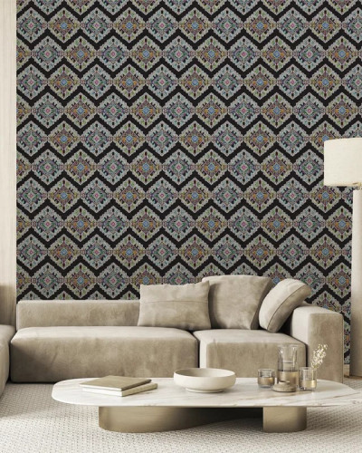 Tapet personalizat cu model geometric vibrant pe fond negru