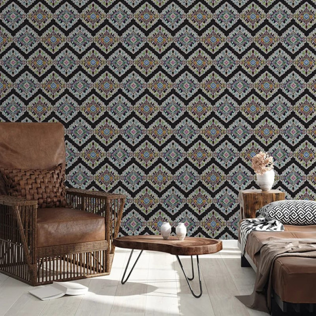 Tapet personalizat cu model geometric vibrant pe fond negru