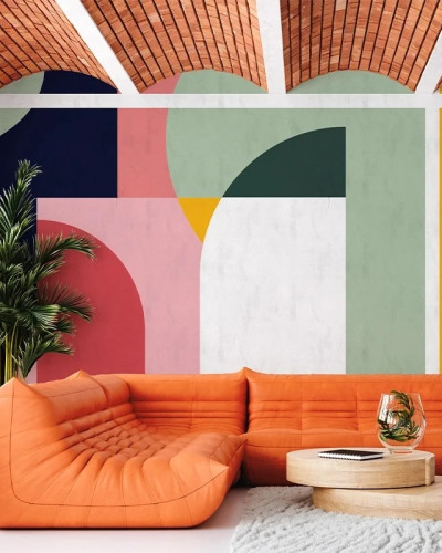 Tapet geometric multicolor în nuanțe pastelate