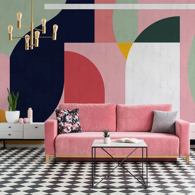 Tapet geometric multicolor în nuanțe pastelate