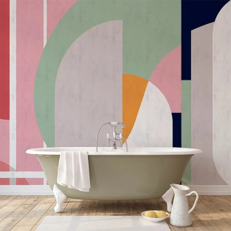 Tapet cu design geometric abstract în nuanțe pastelate, ideal pentru un decor interior modern și relaxant.