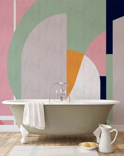 Tapet cu design geometric abstract în nuanțe pastelate, ideal pentru un decor interior modern și relaxant.