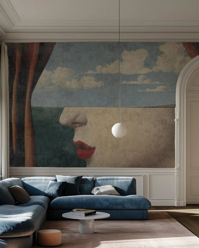 Fototapet cu design abstract ce prezinta profilul unei femei pe un fundal senin
