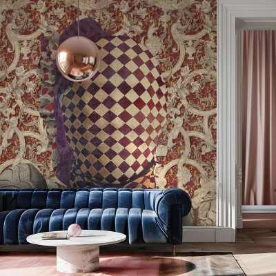 Tapet personalizat cu design artistic roșu și elemente vintage
