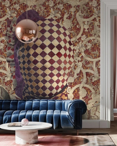 Tapet personalizat cu design artistic roșu și elemente vintage