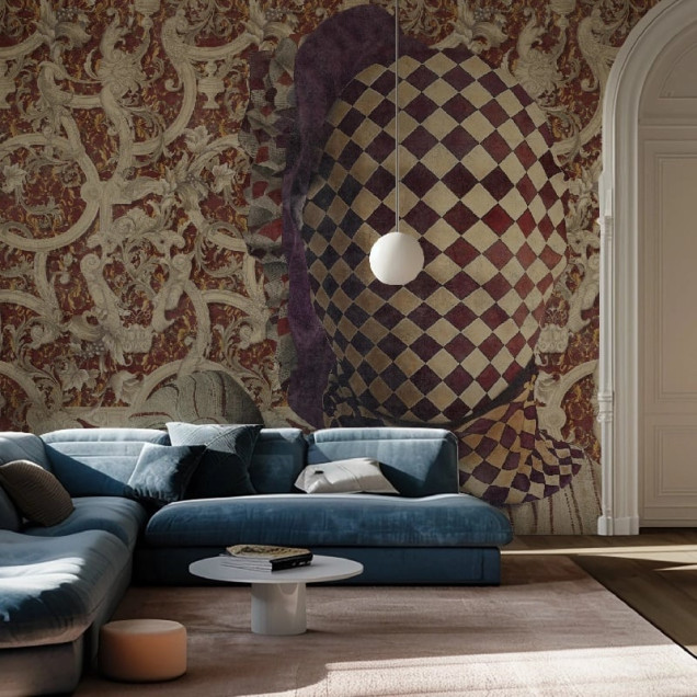 Tapet personalizat cu design artistic roșu și elemente vintage