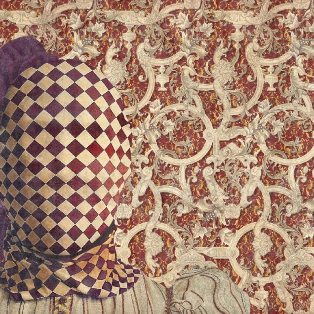 Tapet personalizat cu design artistic roșu și elemente vintage