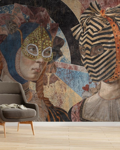 Fototapet cu design artistic reprezentând două figuri cu măști