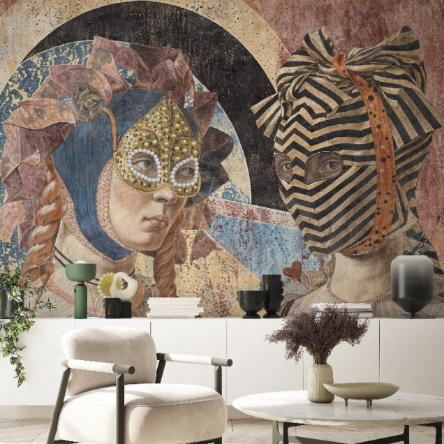 Fototapet cu design artistic reprezentând două figuri cu măști