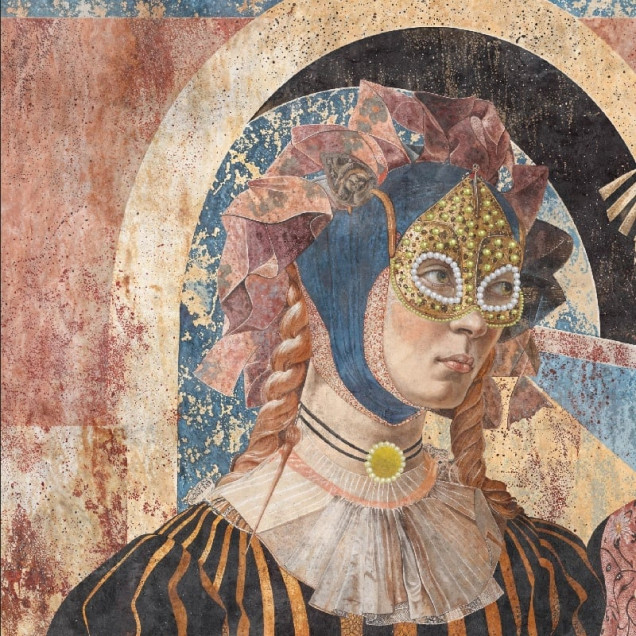 Fototapet cu design artistic reprezentând două figuri cu măști