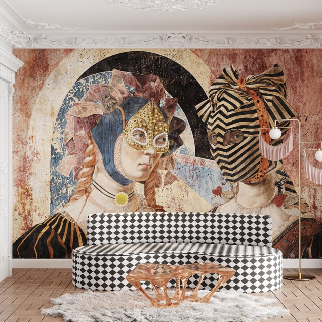 Fototapet cu design artistic reprezentând două figuri cu măști