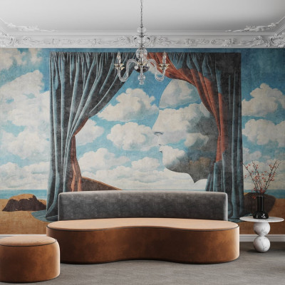 Fototapet personalizat cu un design artistic ce imită un tablou cu cer, nori și silueta unui chip uman