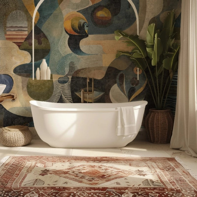 Tapet cu design abstract modern, cu culori bogate și forme geometrice, perfect pentru a decora un living sau un dormitor.