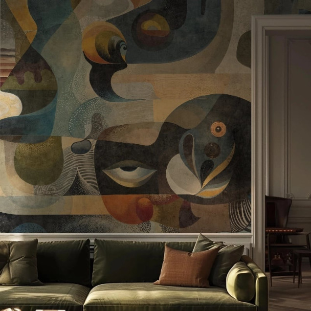 Tapet cu design abstract modern, cu culori bogate și forme geometrice, perfect pentru a decora un living sau un dormitor.