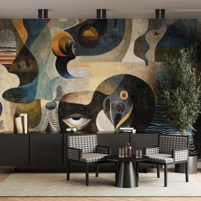 Tapet cu design abstract modern, cu culori bogate și forme geometrice, perfect pentru a decora un living sau un dormitor.