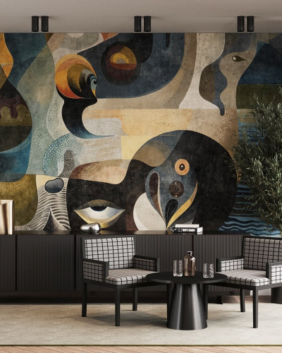 Tapet cu design abstract modern, cu culori bogate și forme geometrice, perfect pentru a decora un living sau un dormitor.