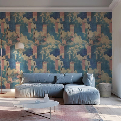 Fototapet abstract cu elemente arhitecturale și cer înnorat