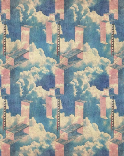 Fototapet abstract cu elemente arhitecturale și cer înnorat