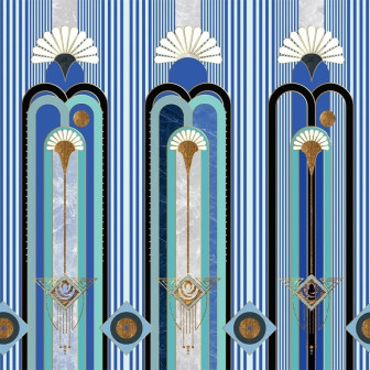 Tapet abstract cu linii albastre și elemente aurii într-un living modern