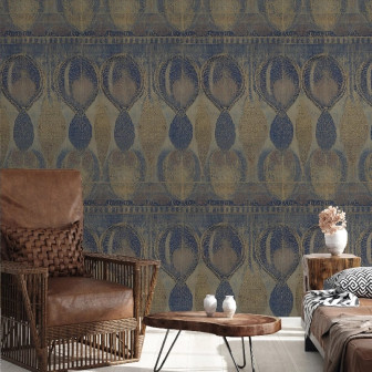 Tapet decorativ albastru și auriu cu model abstract