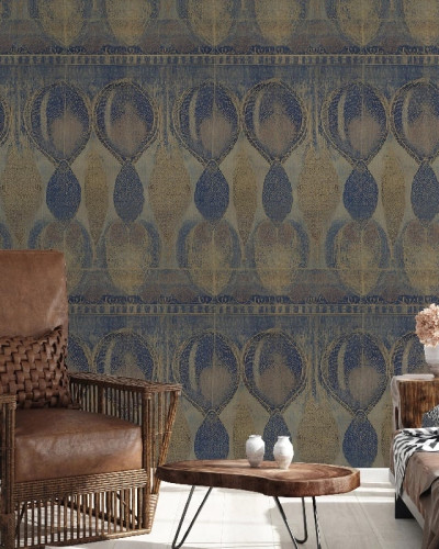 Tapet decorativ albastru și auriu cu model abstract