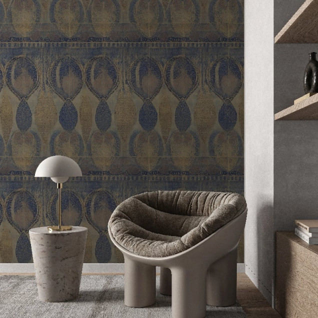 Tapet decorativ albastru și auriu cu model abstract