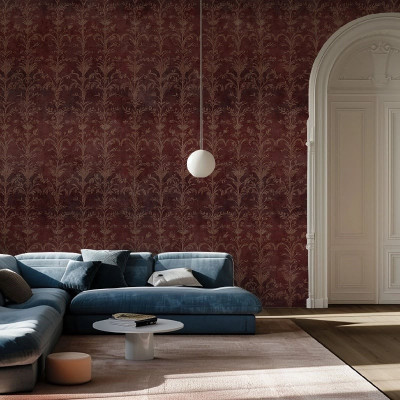 Tapet personalizat cu design floral în nuanțe de roșu și auriu