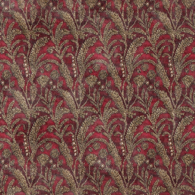 Tapet elegant cu design floral roșu și auriu într-un dormitor