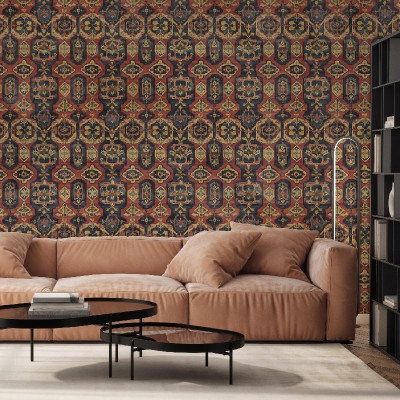 Tapet cu design oriental roșu, auriu și albastru