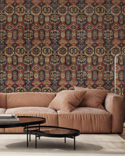 Tapet cu design oriental roșu, auriu și albastru
