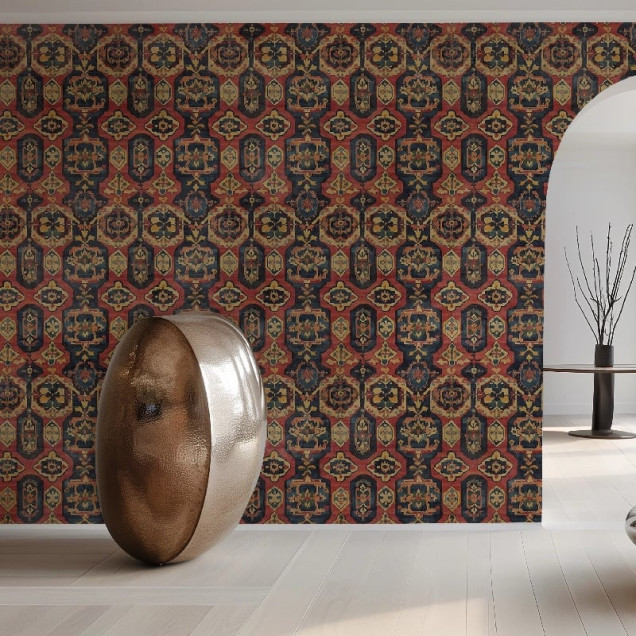 Tapet cu design oriental roșu, auriu și albastru