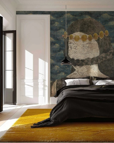 Fototapet mural cu design abstract într-un dormitor modern
