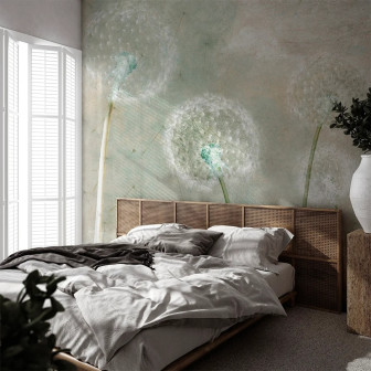 Tapet personalizat cu design de păpădii într-un dormitor modern