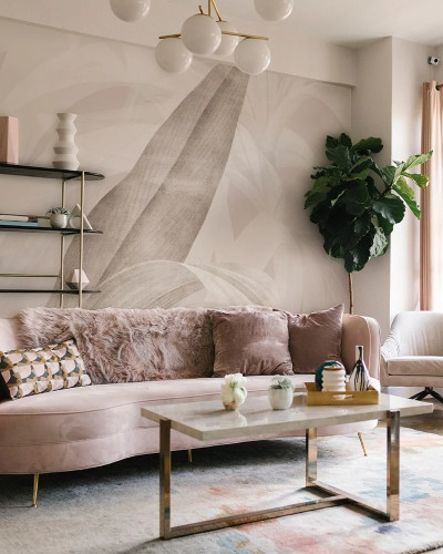 Fototapet personalizat cu design botanic într-un living elegant