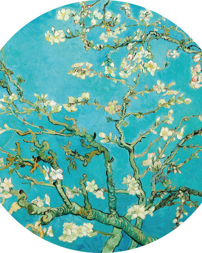 Round Almond Blossom wallpaper, 190cm diameter, featuring a vibrant blue background with white blossoms