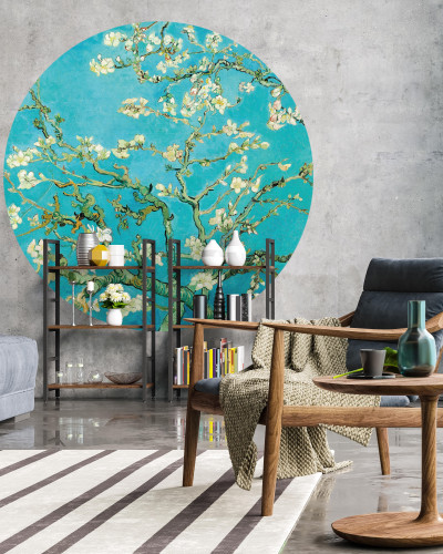Round Almond Blossom wallpaper, 190cm diameter, featuring a vibrant blue background with white blossoms