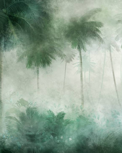 Tapet cu palmieri si frunze tropicale in nuante de verde