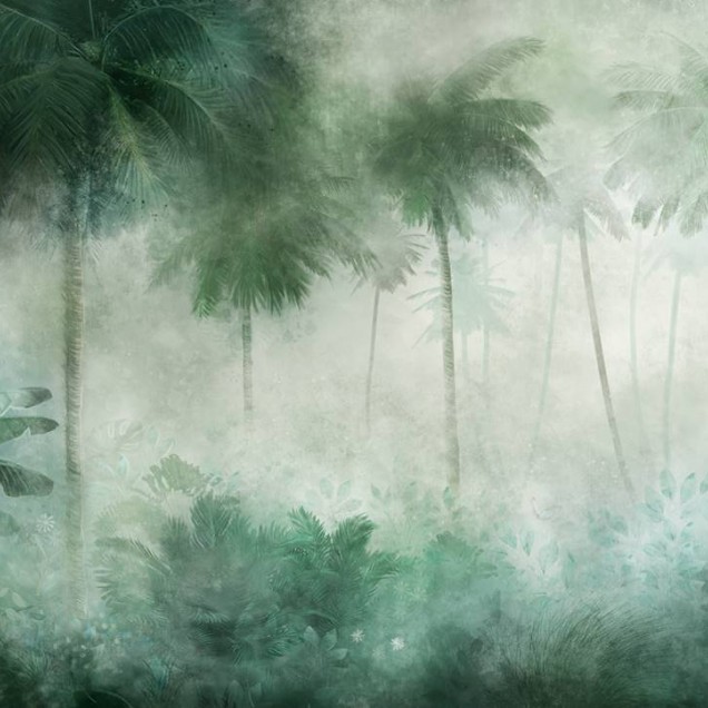 Tapet cu palmieri si frunze tropicale in nuante de verde