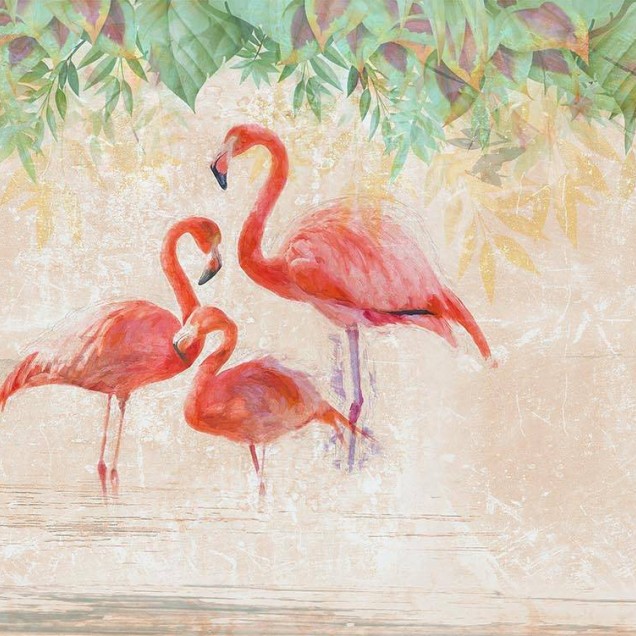 Wallpaper cu flamingo roz pe fundal pastelat, cu frunze verzi în partea de sus. Se poate observa o canapea cu o pernă albastră și o masă rotundă din lemn.