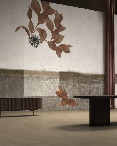 Tapet Calma Sul Tela - design minimalist cu frunze uscate, elemente geometrice și textură betonului.