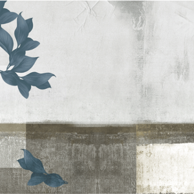 Tapet cu design minimalist, cu elemente florale si tonuri de gri si albastru.