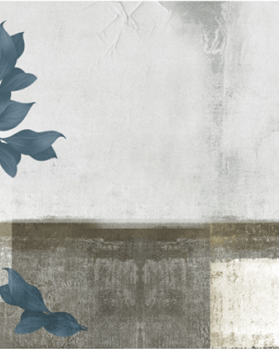 Tapet cu design minimalist, cu elemente florale si tonuri de gri si albastru.