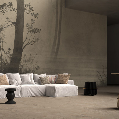 Tapet cu design natural in tonuri neutre, cu siluete de arbori si plante, perfect pentru un decor minimalist si relaxant.