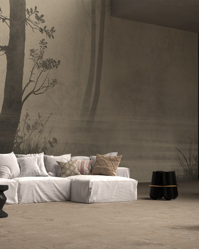 Tapet cu design natural in tonuri neutre, cu siluete de arbori si plante, perfect pentru un decor minimalist si relaxant.